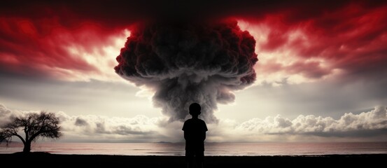 A person standing in front of a large cloud of smoke. AI.