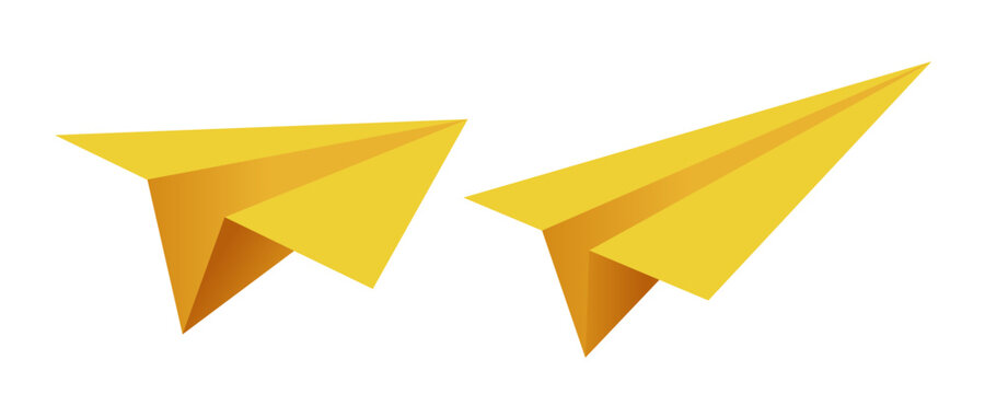 Set realistic yellow paper airplane 3D model jets. Different view paper airplane isolated on white background