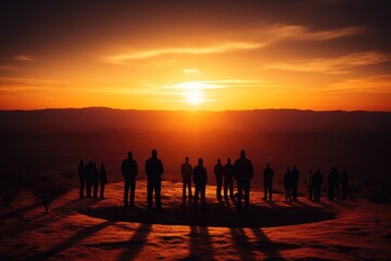 A group of people standing on top of a mountain. AI.