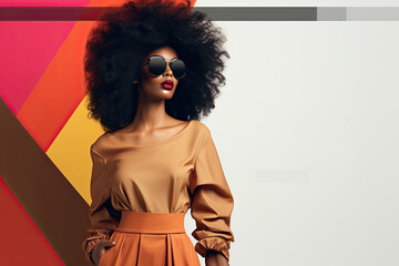 Fashion background. Website landing. Attractive black woman in monochrome autumn outfit, orange...