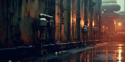 Illustration of a science fiction wall with high tech industrial buildings and towers in the rain. A moody steampunk style. Ai generative art.