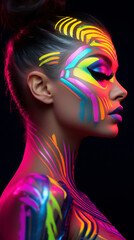 Retrato de uma jovem com maquiagem de arte de fantasia. Look de maquiagem ousado que incorpora a vibe cyberpunk, cores neon,