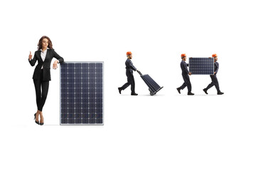 Fototapeta premium Businesswoman leaning on a panel gesturing thumbs up and factory workers carrying photovoltaic panels