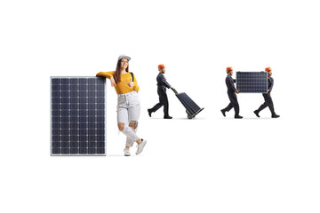 Female student pointing at a panel and factory workers carrying photovoltaic panels