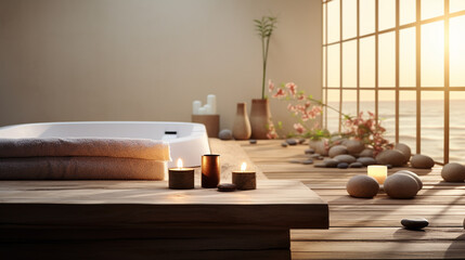 lindo ambiente de tratamento de spa na mesa de madeira e banheiro turva - obrazy, fototapety, plakaty