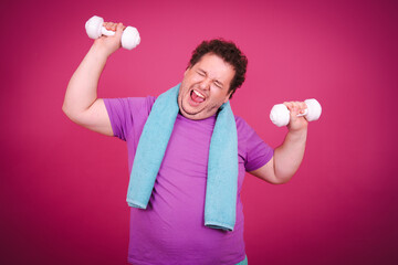 Funny fat man is doing fitness and eating fast food.