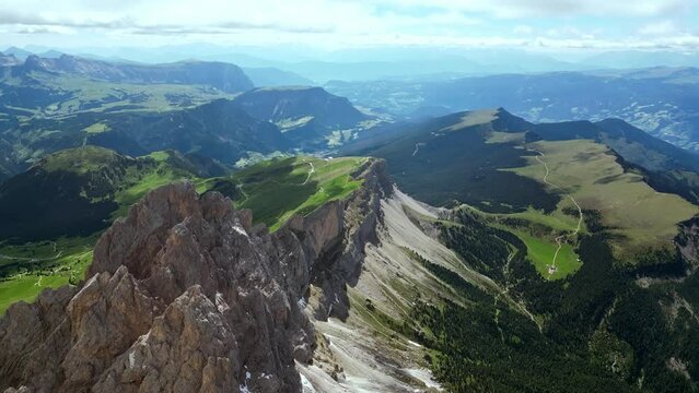 Flying over the Odle Mountain Peaks and Climbers