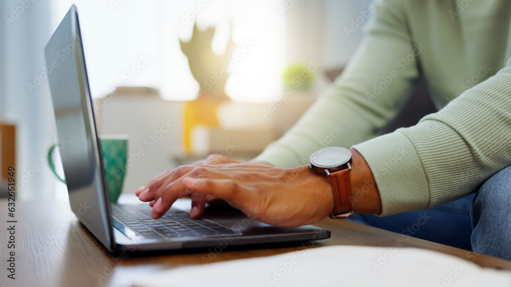 Poster closeup, work from home and hands with a laptop, typing and connection with network, smartphone and 