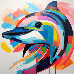 Dolphin face in Bauhuas style.  AI Generated. Bright block colors