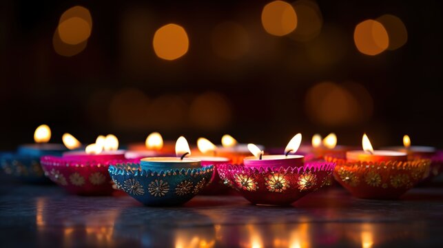 diwali day festival diwali lanterns background with candles and blurred lights. Generative AI