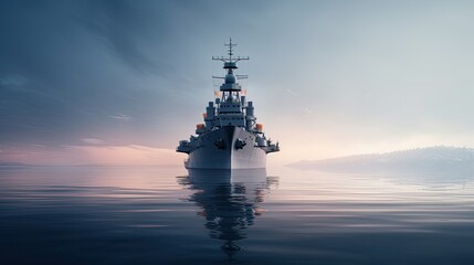 battleship at rest in calm open sea without sailors generative AI