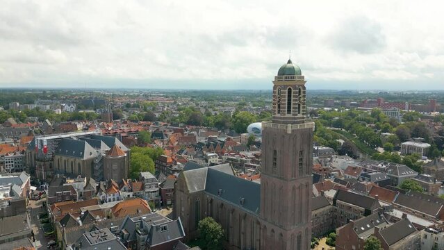 City centre of Zwolle and clock tower by drone