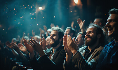 Happy audience applauding at a show or business seminar,theater performance listening and clapping at conference and presentation.Group of supporters,fans cheering excited applauding - obrazy, fototapety, plakaty