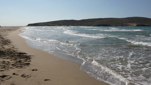 Prasonisi beach on the island of Rhodes is an isthmus with the Aegean Sea on one side and the Mediterranean on the other