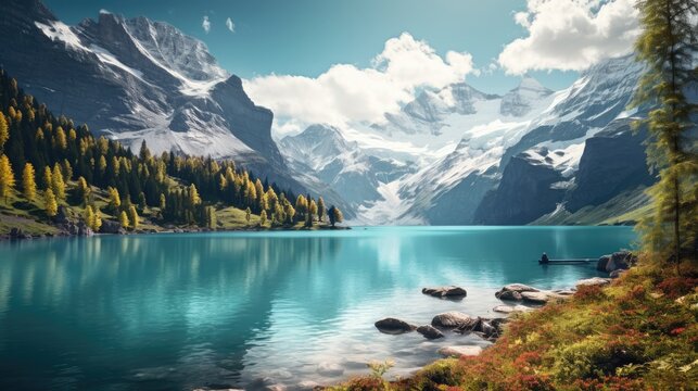 beautiful tranquil alpine lake oeschinen switzerland breathtaking mountainous backdrop turquoise water relaxing peaceful scenery european alps generative AI
