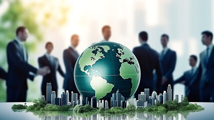 ESG environmental social governance business strategy investing concept. Businessman holding green earth globe world .Ethical and sustainable investing. Enhance ESG alignment of investments . Eco.