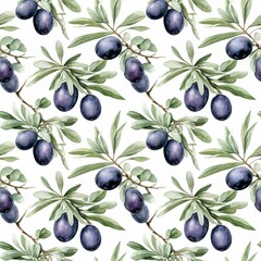 watercolor seamless pattern ripe black olives on a branch on a white background