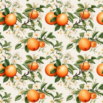 watercolor seamless pattern of orange branches with flowers and leaves on white background