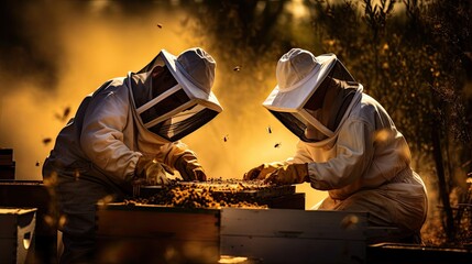 beekeepers tending to hive boxes generative AI