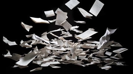Flying paper sheets on dark background. Created with Generative AI technology.
