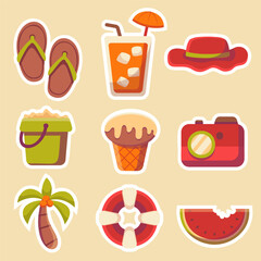 Summer holiday traveling and tourism elements. Colorful touristic objects