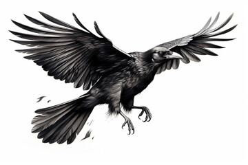 beautiful black and white drawing of black crow. isolated in white. generative ai.