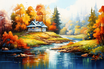 beautiful autumn landscape with river, forest and small house. generative ai.
