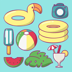 Summer holiday traveling and tourism elements. Colorful touristic objects