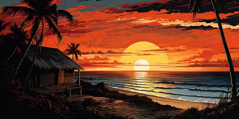 Fototapete Backstein AI Generated. AI Generative. Tropical exotic paradise coast beach island sea ocean vacation with old wood house. Graphic Art