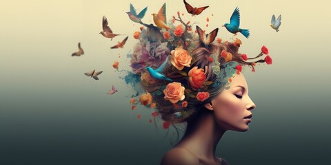Woman brain with flowers and birds, self esteem and mental health care concept, positive thinking, creative mind, Generative AI - obrazy, fototapety, plakaty
