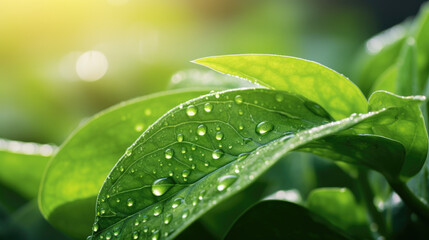Texture of green leaf with water drops. Created with Generative AI technology.