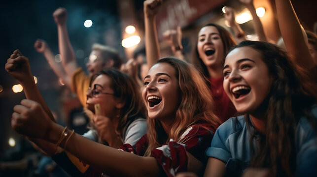 A crowd of sports fans cheers during a match at the stadium. Created with Generative AI technology.