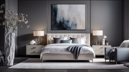 a bedroom with a large white bed under which is a white carpet next to which is a large white vase