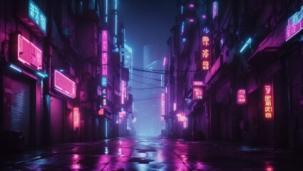 Fototapeta premium Dimly lit alleyway with neon illumination in a cyberpunk urban setting.