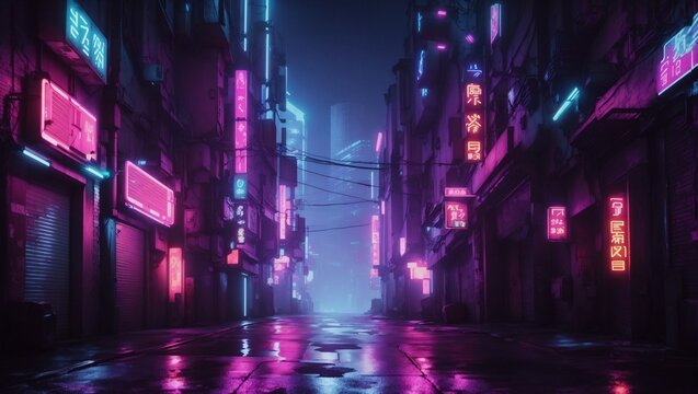 Dimly lit alleyway with neon illumination in a cyberpunk urban setting.