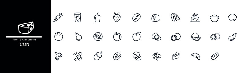simple line fruits and drinks icon collection. cheese, coffee, strawberry, apple, avocado, etc, isolated white baground. editable eps 10