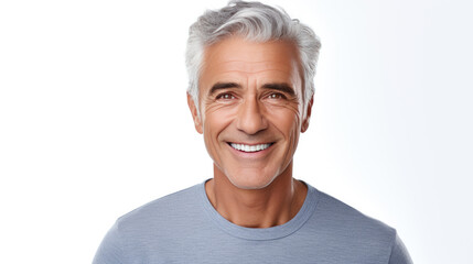 A middle-aged gray-haired man in gray casual clothes smiling broadly against a gray background. Created with Generative AI technology.