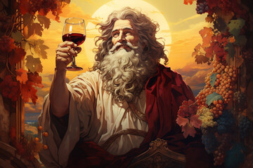 Wine and Wisdom, Illustration of Dionysus, Greek God of Wine, Surrounded by Ancient Tools