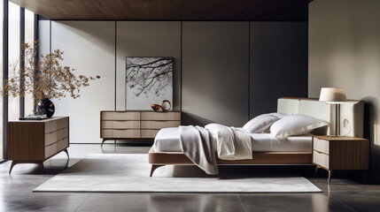 modern bedroom with three chests of drawers and a bed