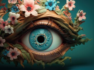 Eye in the tree with flowers, positive vision and attitude, personal development and growth, Generative AI