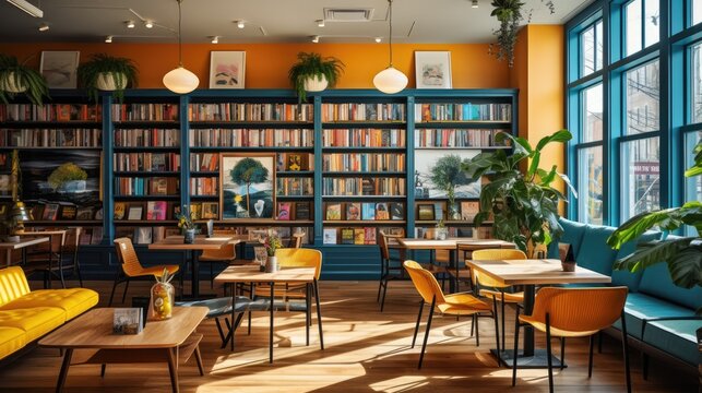 bright and inviting bookstore cafe with comfortable seating generative AI