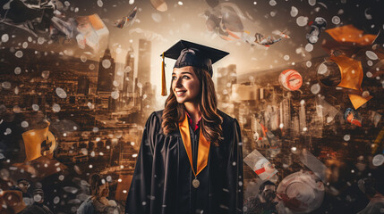 Obraz premium Craft a heartfelt collage of the student's journey, from childhood to graduation, with bokeh lights symbolizing the bright moments that led to this achievement.