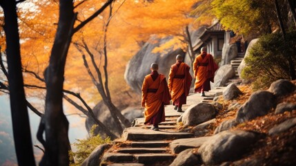 buddhist monks in orange robes walking up mountain path through blanket autumn fall foliage kyoto japan nature temple generative AI - obrazy, fototapety, plakaty