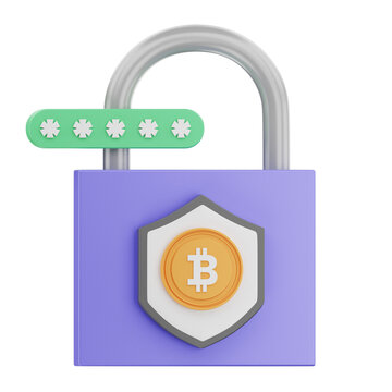 Secure Bitcoin icon 3d illustration. Cryptocurrency investment safe illustration concept