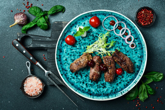 Lyula kebab made of veal. Barbecue menu. Azerbaijani cuisine. Top view.