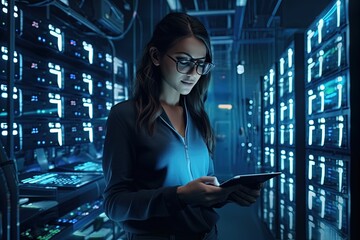 Collection and storage of large amounts of data. A young woman stands in a server room with a tablet PC, controls the smooth operation of all servers.