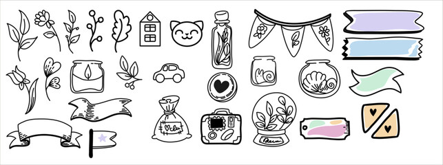 vector set collection of doodle elements travel ribbons jars black and white outline