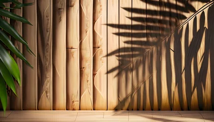 Gardinen bamboo wall background wallpaper texter composition showcases the intricate play of light and shadow on a brown wooden panel wall with wood © FatimaBaloch