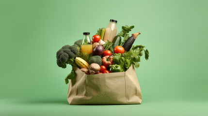Eco bag full of vegetables and greens on green background. Created with Generative AI technology. - obrazy, fototapety, plakaty