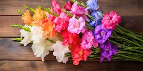 Beautiful gladiolus on a wooden background. Happy grandparents day.